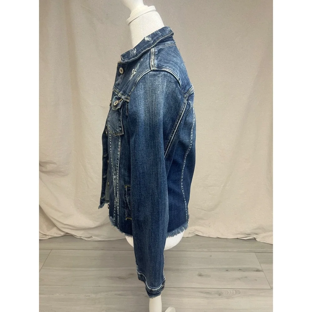 KanCan Distressed Denim Jacket Sz S Dark Wash Frayed Hem Edgy Streetwear Trucker